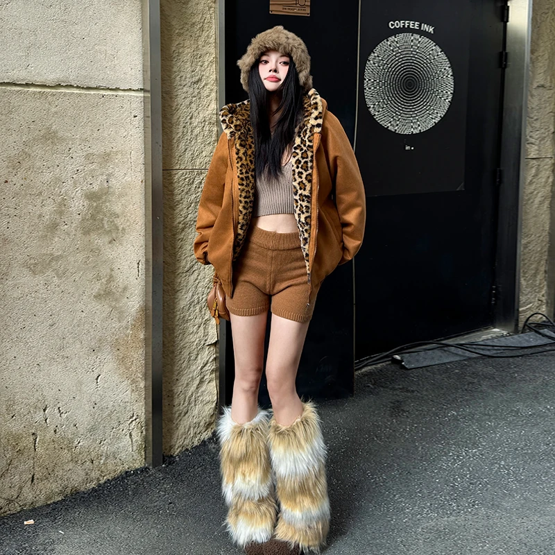 2025年冬季美式复古豹纹猫耳朵棉服连帽外套宽松百搭加厚情侣时尚