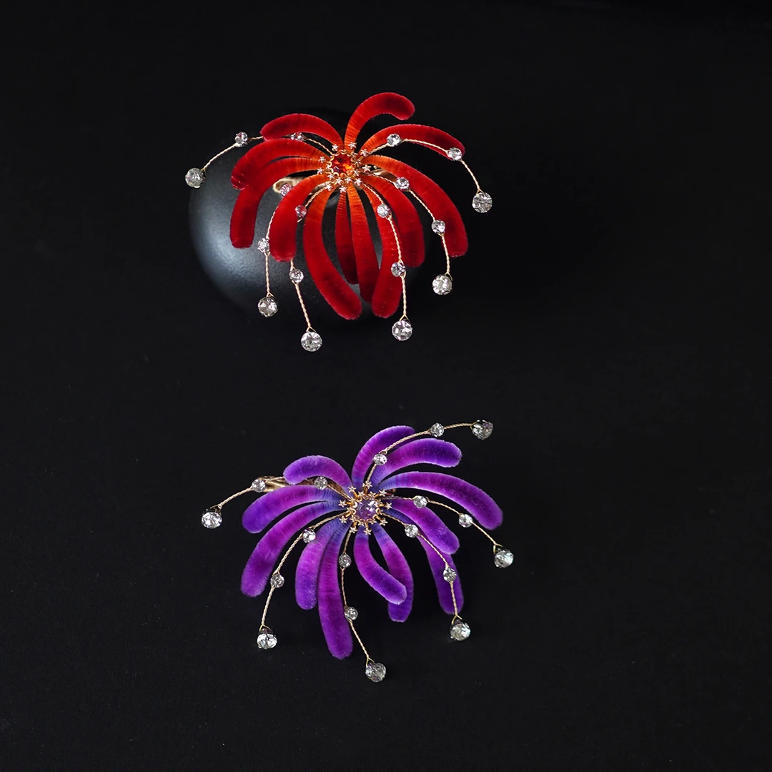 非遗绒花发夹丨烟花 纯手工桑蚕丝线胖绒花国风新中式发边夹