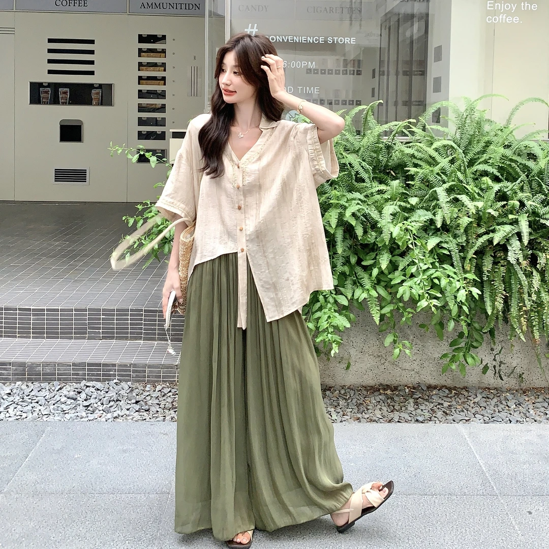 大码超仙气质优雅衬衫阔腿裤套装女夏2025新款独特漂亮绝美两件套