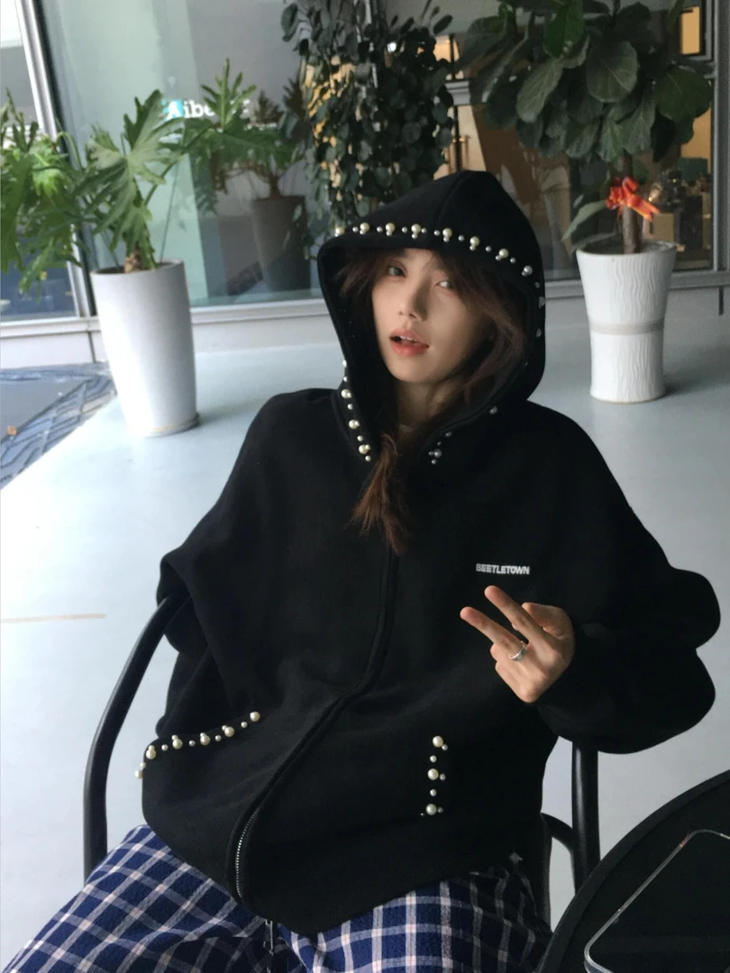 美式高街珍珠刺绣开衫连帽卫衣女秋冬季潮牌宽松休闲情侣拉链外套