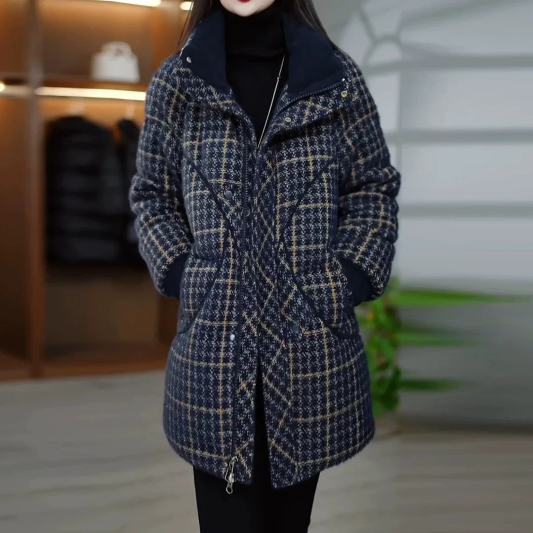 新款格纹棉服女2025新款时尚中长款加厚保暖宽松显瘦通勤百搭外套