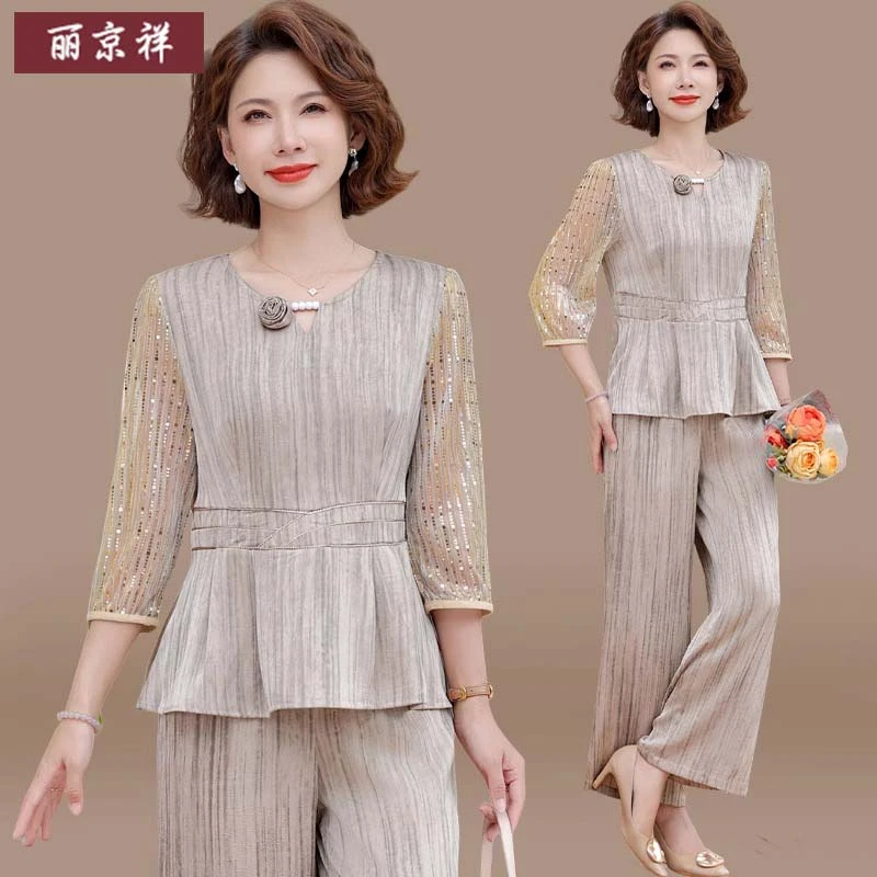 年轻妈妈春装时尚套装阔太太洋气高贵上衣中老年女装春夏雪纺小衫