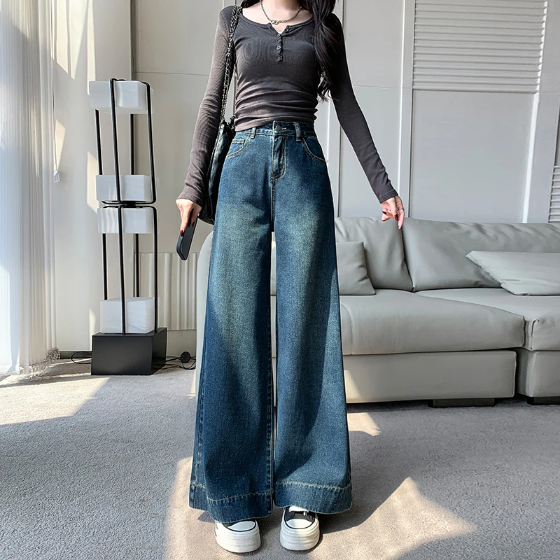 春季小个子高腰显瘦百搭宽松垂感牛仔拖地裤阔腿牛仔
