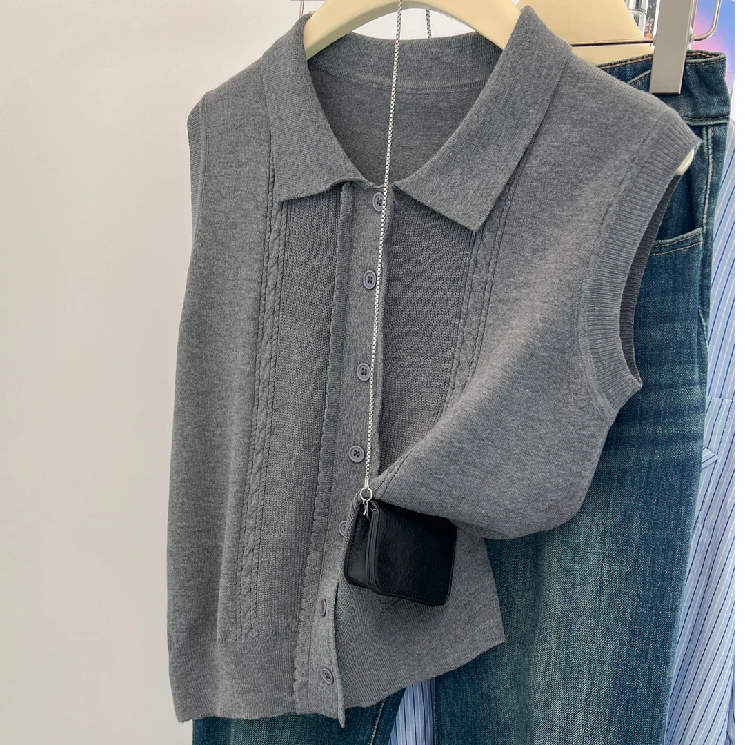 多巴胺灰色polo领针织冰丝无袖背心坎肩上衣女夏季小个子短款t恤