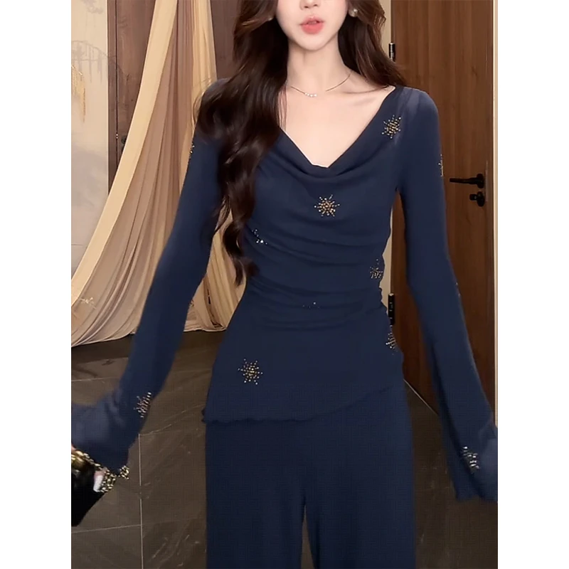 韩系穿搭一整套2025早秋新款荡领一字肩长袖t恤+高腰阔腿裤两件套