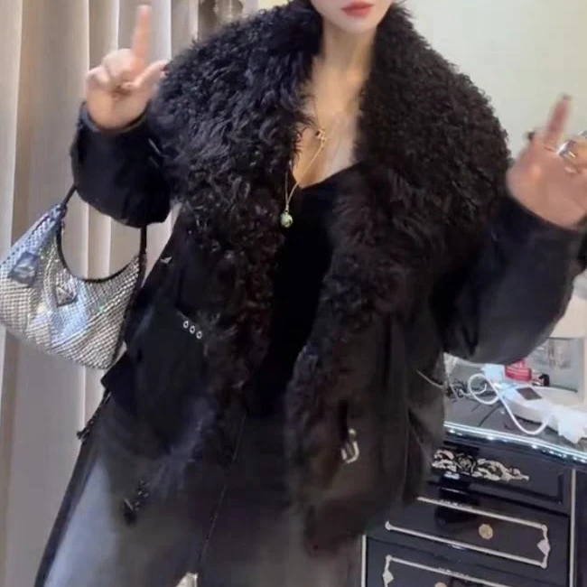 新款爆款真皮女短款油蜡牛皮托卡羊羔毛领鹅绒皮衣宽松显瘦外套