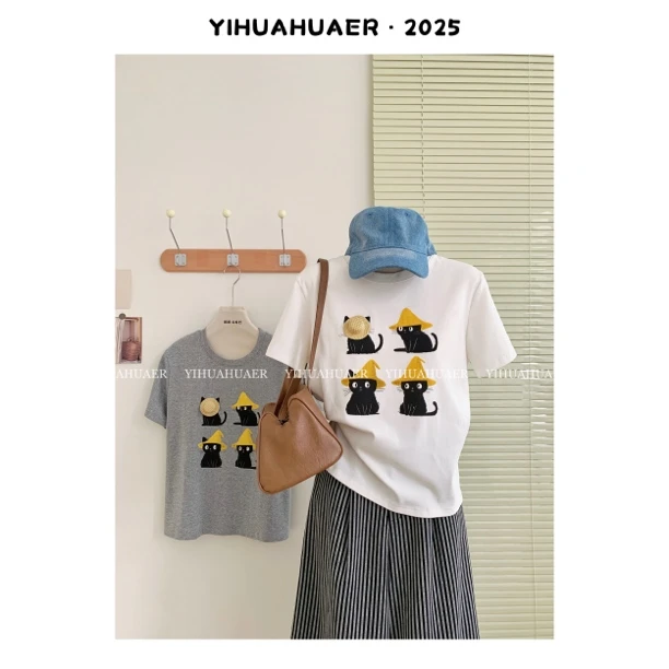 【魔法猫】东大门韩系夏款立体小猫可爱减龄百搭休闲正肩T恤2842