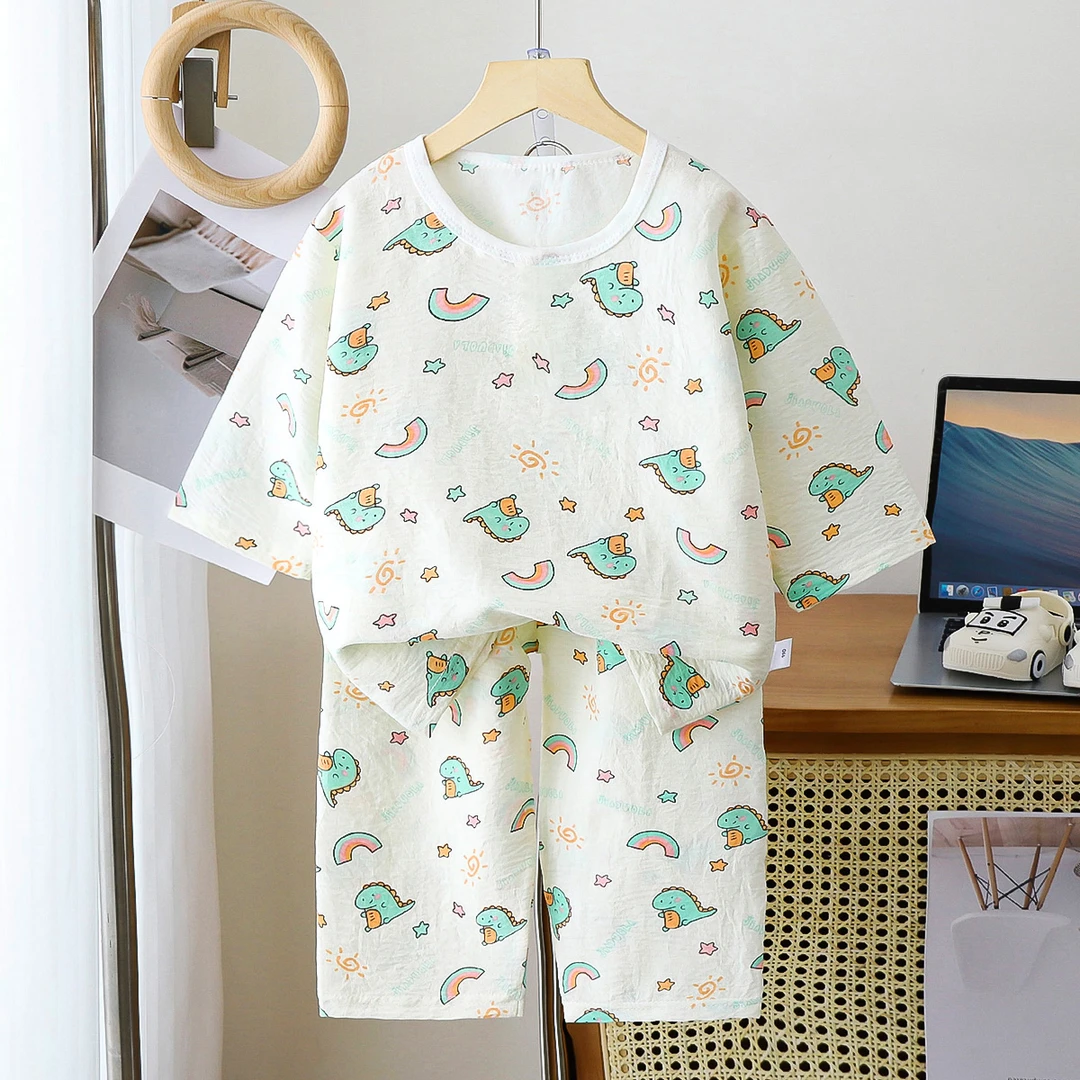 2025夏季男女童家居服中童睡衣空调服七分袖云朵棉套装柔软透气
