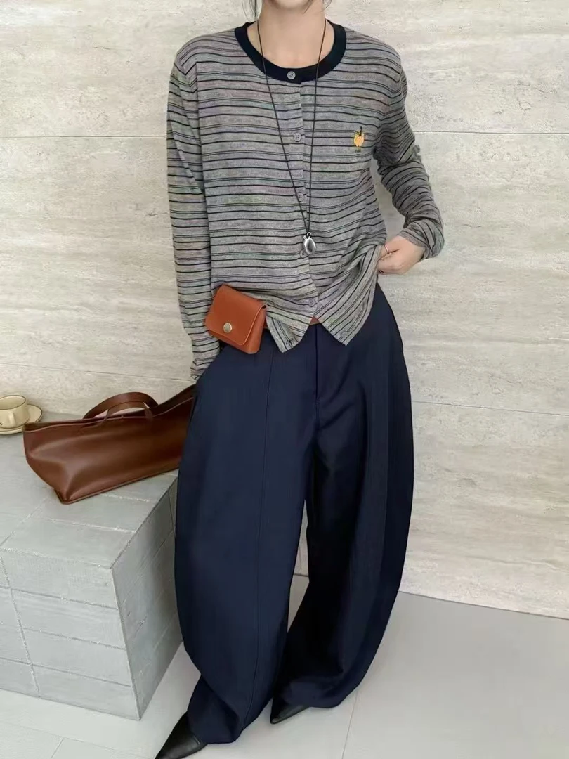 圆领薄款常规款条纹刺绣毛针织衫针织衫开衫秋季毛衫