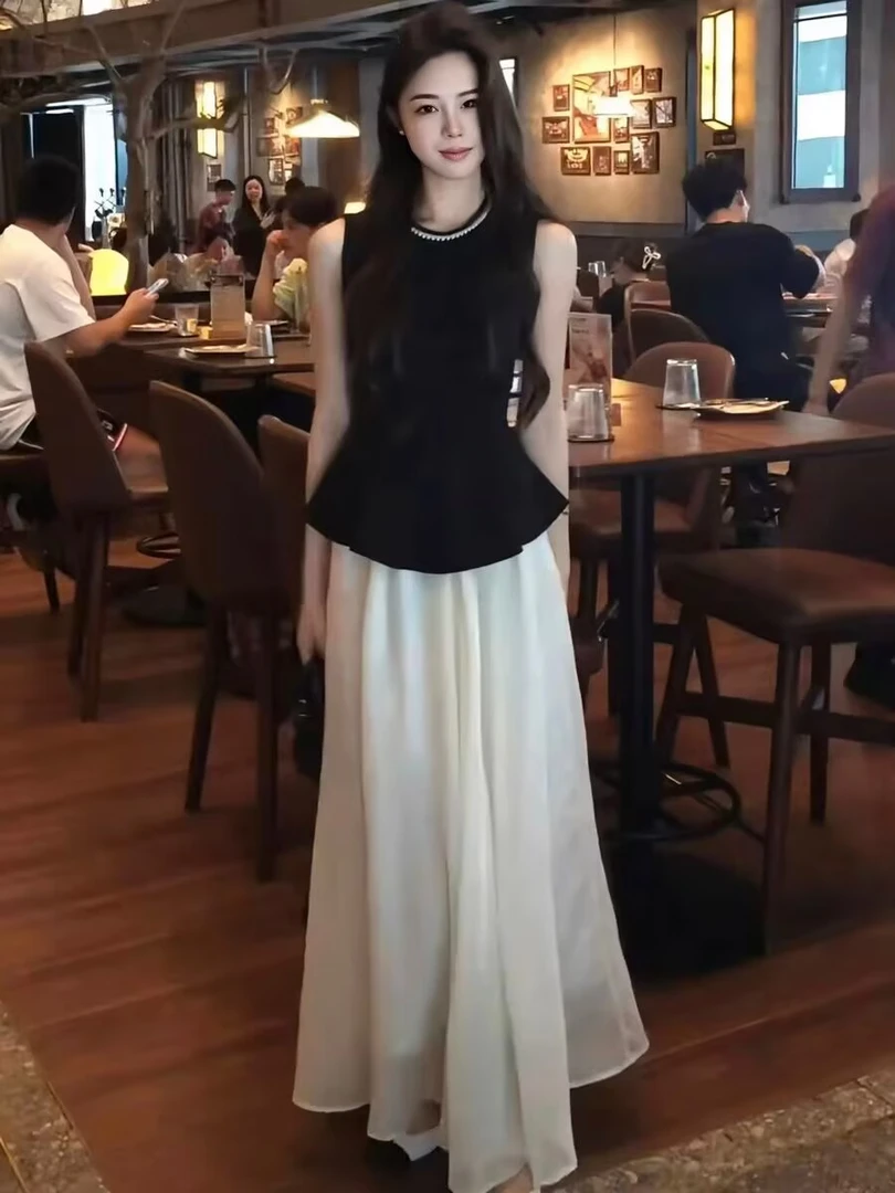 2025夏季新款法式名媛显瘦钉珠重工无袖上衣高腰半身裙气质套装女