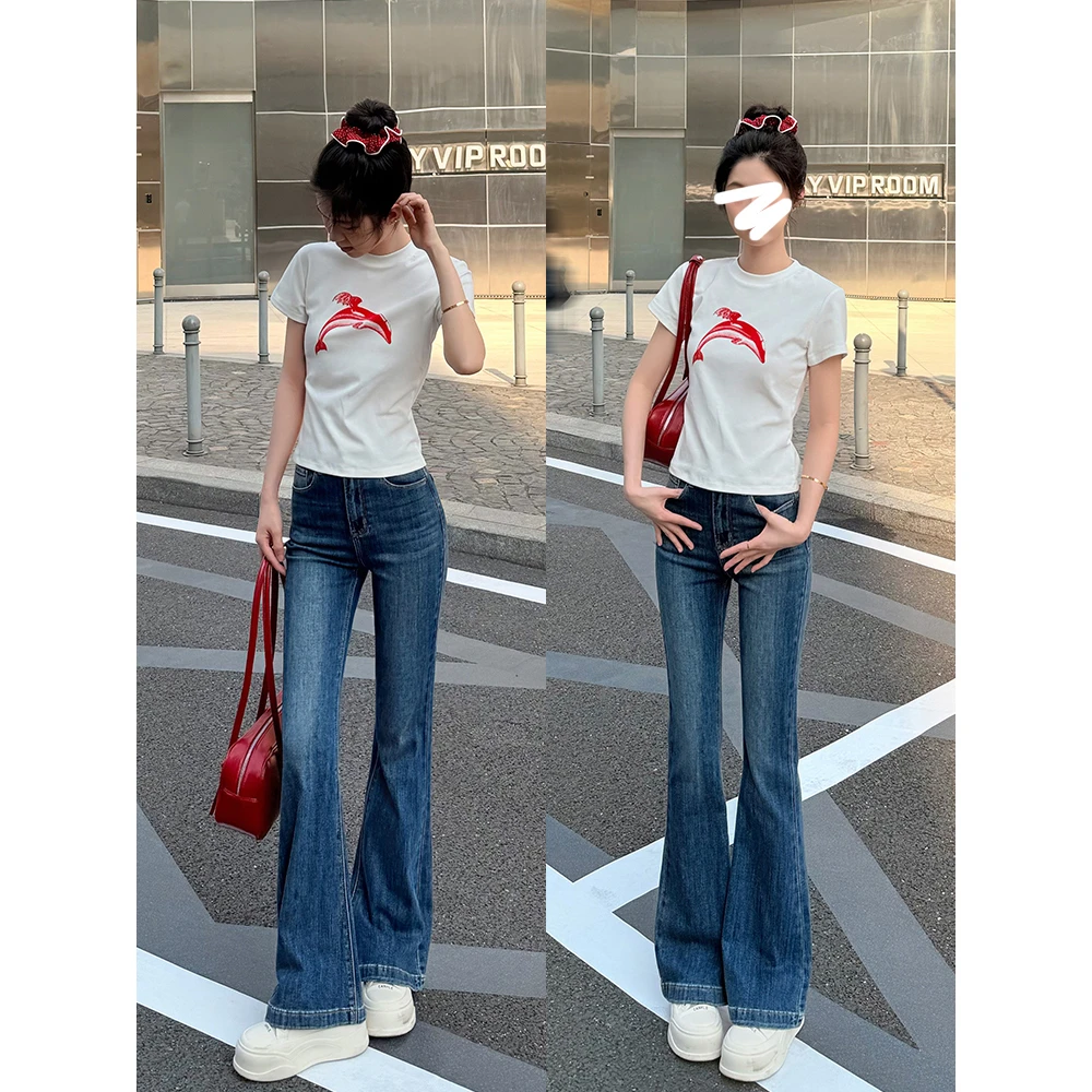 王家有鱼复古蓝微喇裤女2025春季新款百搭显瘦微喇牛仔裤高腰女裤