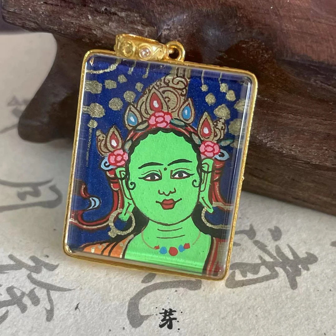 【鲸囍】唐卡●度母黄财财双面●18K金镶嵌吊坠多样性发其一#8844