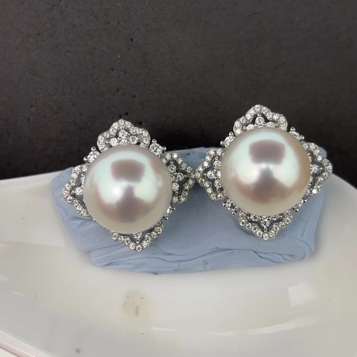 定制海水珍珠银S925镶嵌耳饰12-13mm澳白耳饰一对