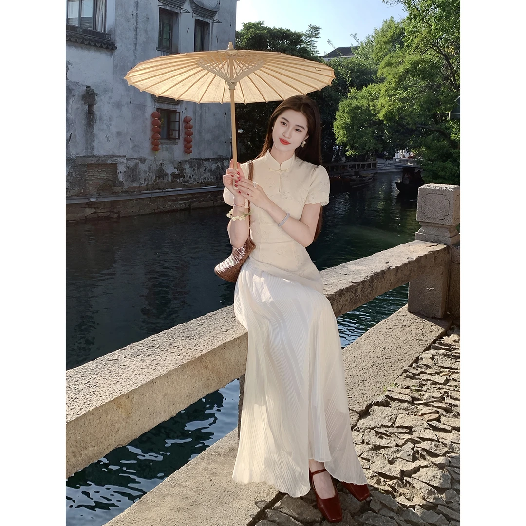 凌茜恣禾【苍山雪】国风新中式杏色温婉大气收腰显瘦法式旗袍连衣裙
