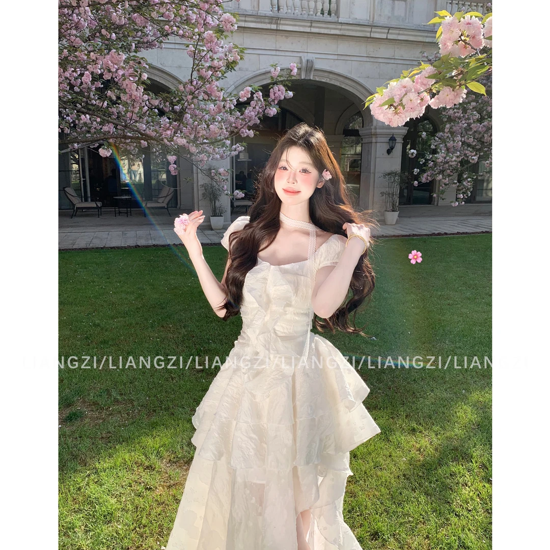 梁子【卢森堡夏日】夏季法式茶歇不规则长裙收腰甜美风连衣裙