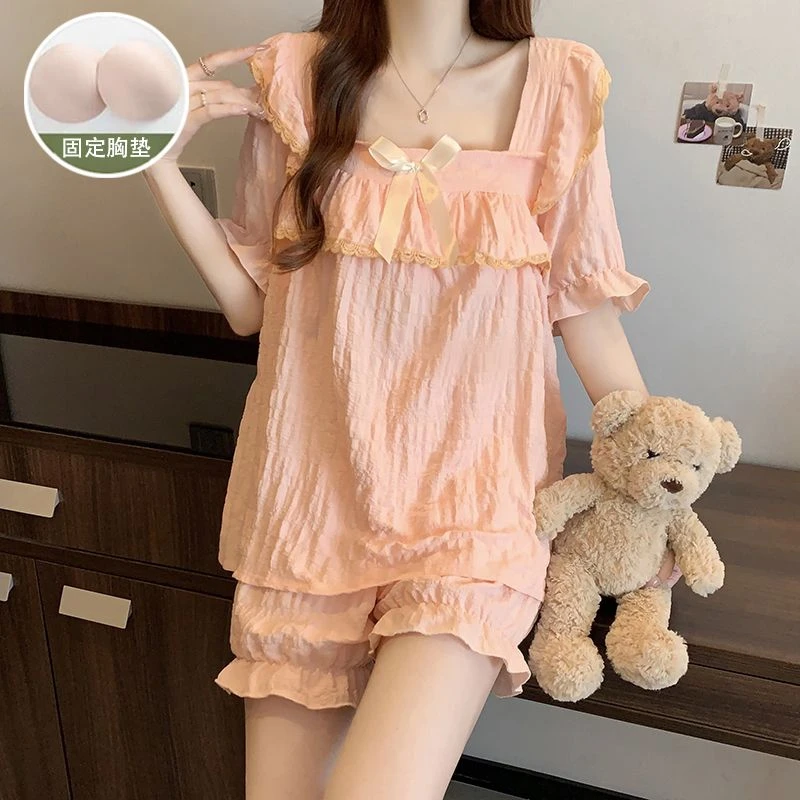 睡衣女夏季带胸垫短袖清新公主风云朵棉荷叶边家居服可外穿套装