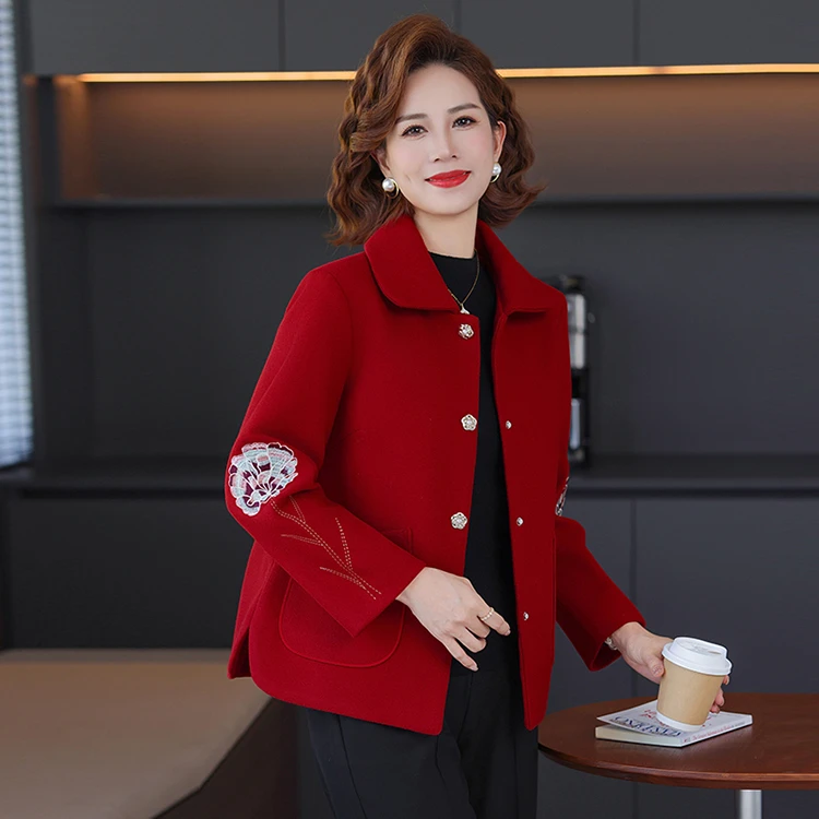适中宽松型常规款中老年春秋女装时尚大衣毛呢中年洋气百搭气质