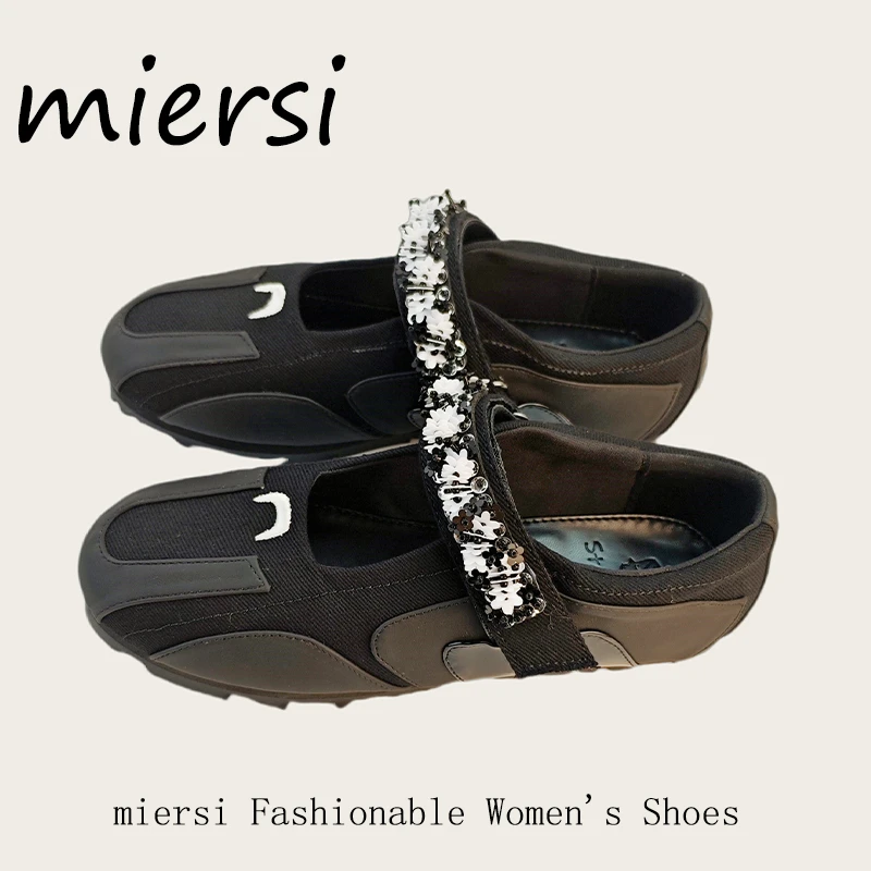 【米尔斯】芭蕾舞平底鞋亮片魔术贴黑色单鞋乐福鞋玛丽珍平跟夏季鞋