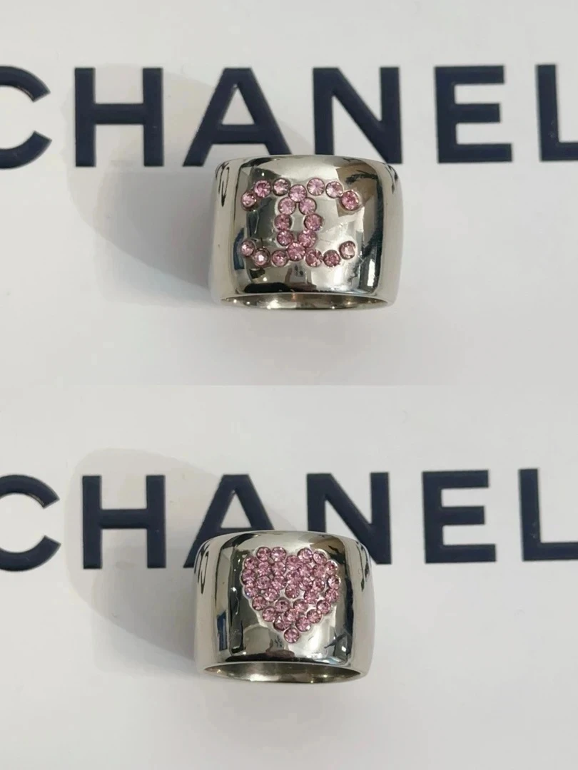 95新 Chanel/香奈儿 Chanel vintage香奈儿中古银色粉钻戒指
