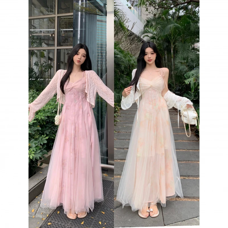 胖mm大码女装甜美网纱拼接系带高腰显瘦吊带连衣裙+蕾丝防晒开衫