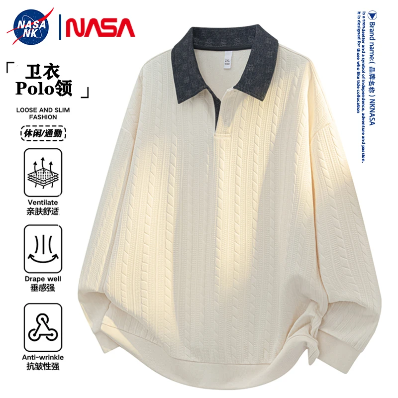 NASA联名日系拼接提花卫衣男女同款秋季大码百搭polo翻领潮牌上衣