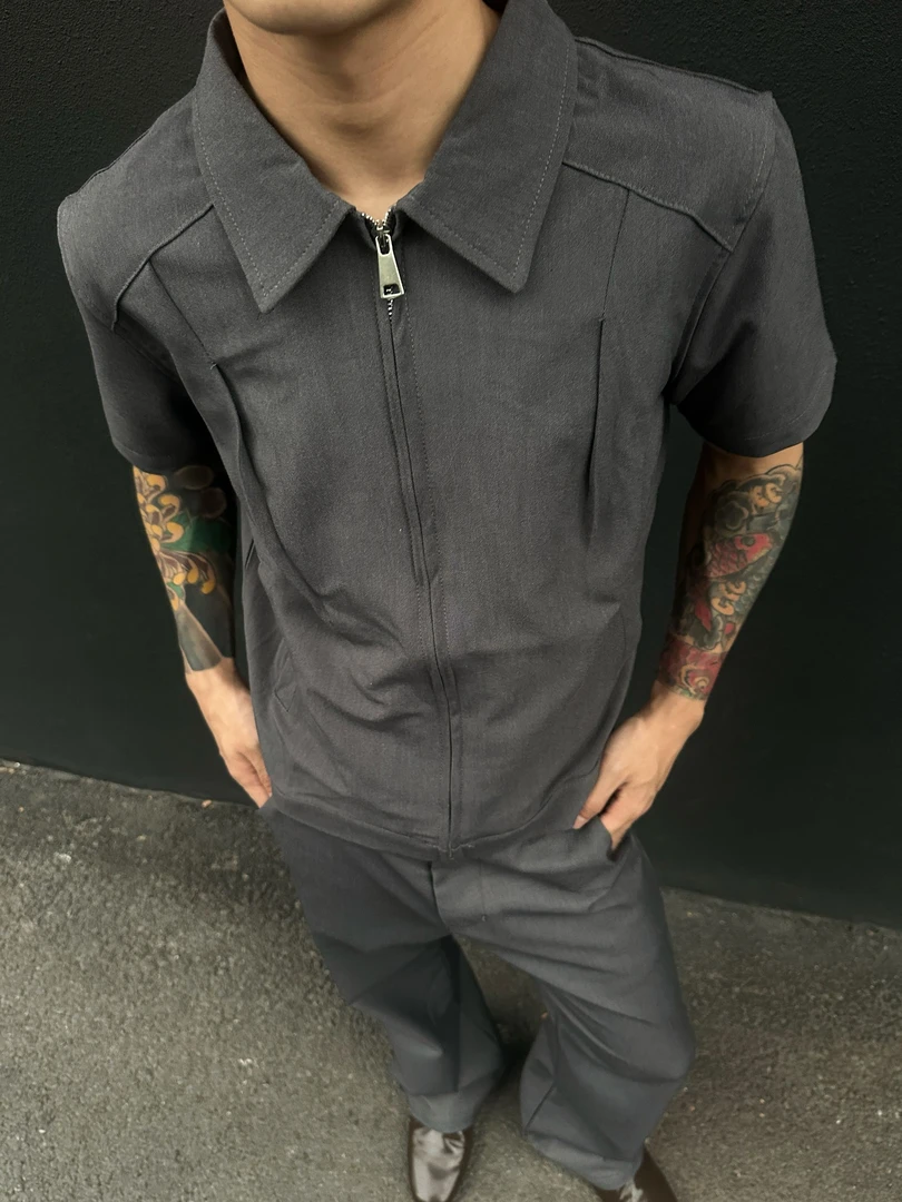 SKATEPARK 360g西装TR布凉感正肩收腰线开衫短袖夏季休闲翻领