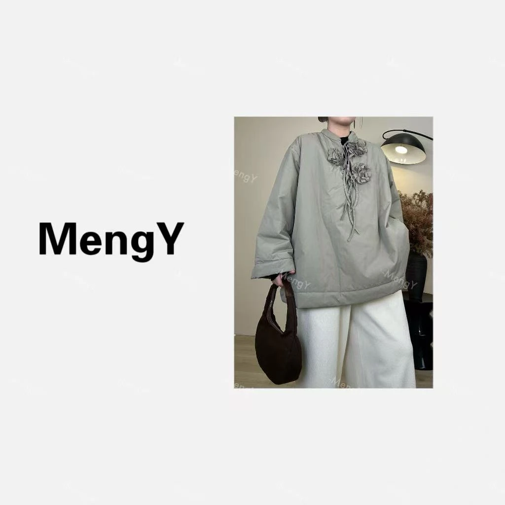 梦煜家【匠心的浪漫】复古全手工花朵V领绑带捏褶套头棉服/2025冬