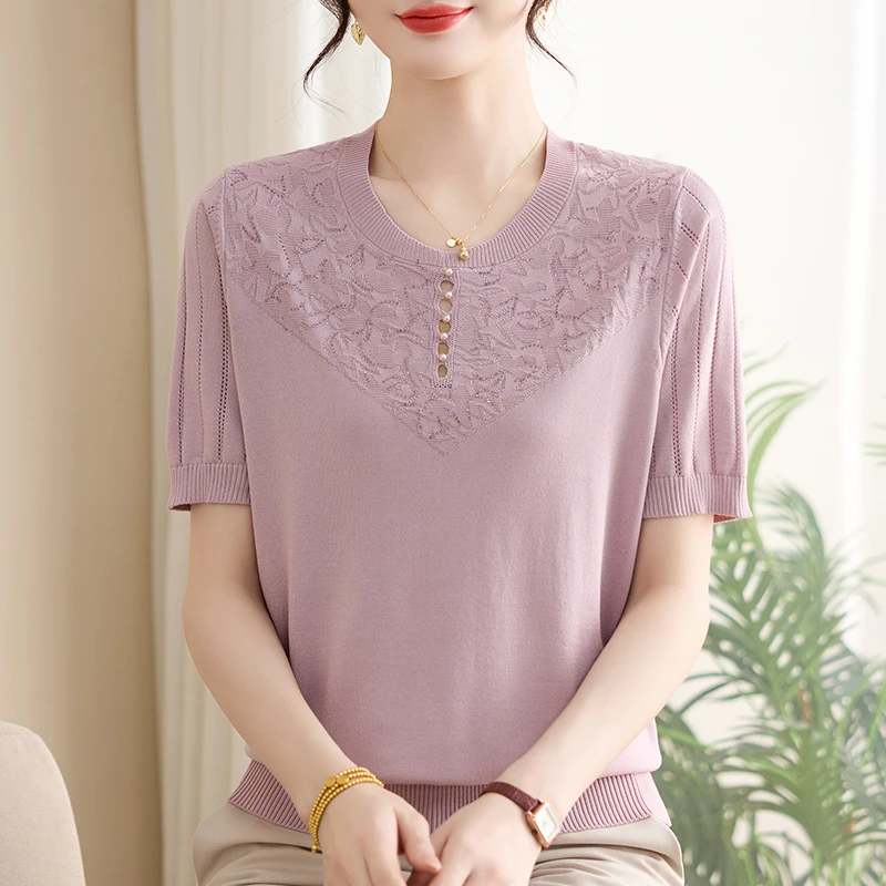 妈妈装宽松夏装新款时尚针织小衫洋气中老年短袖女装T 恤上衣夏季