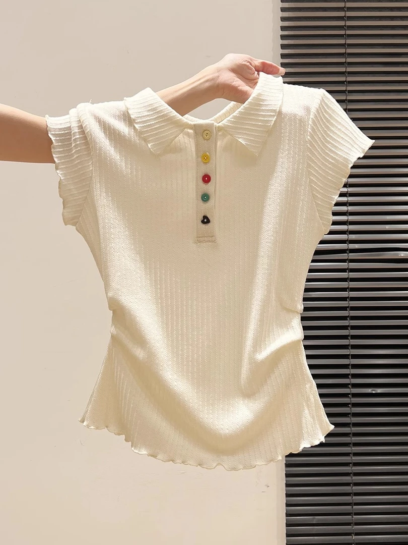 彩色纽扣Polo翻领甜美短袖夏季褶皱收腰T恤女小个子修身上衣2025