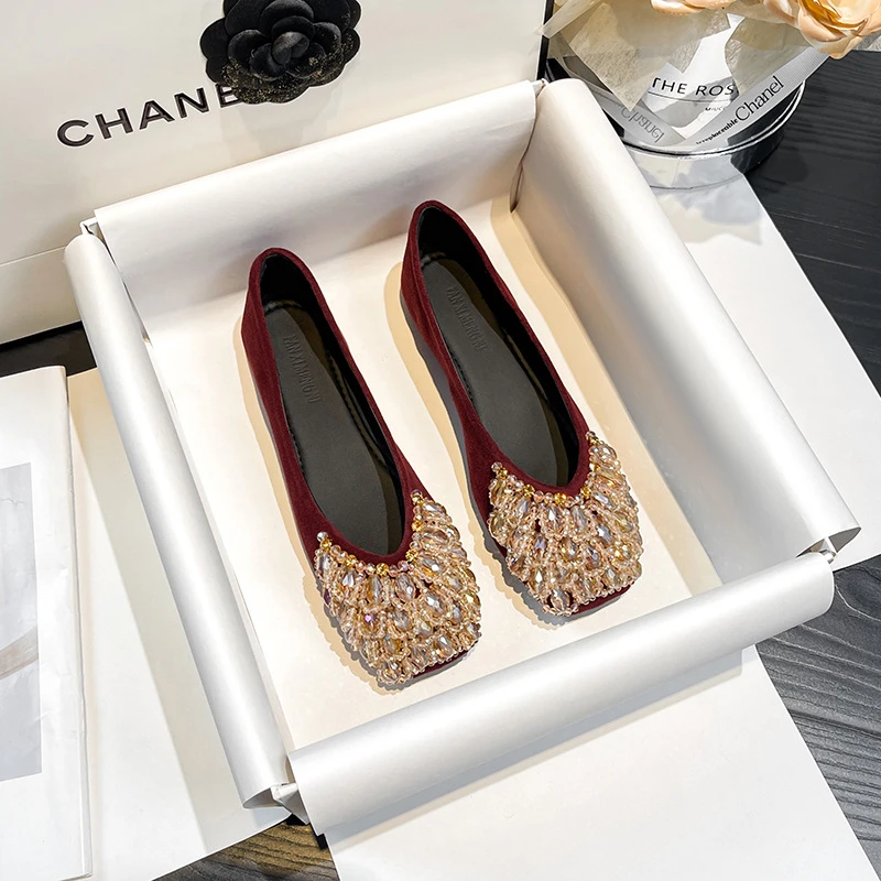 气质平底水钻法式晚晚鞋2025新款春秋季加绒方头鞋手工串珠单鞋