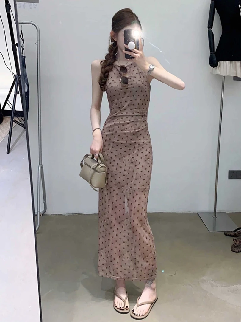 夏季复古风圆领镂空收腰褶皱波点裙女修身遮肉显瘦无袖包臀3250#