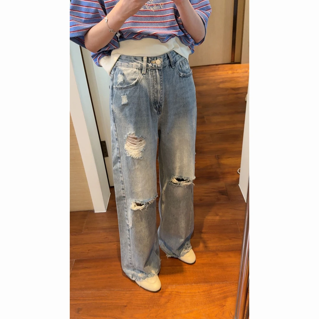 【张静芝】夏季新品~做旧磨白设计感时髦磨破毛边直筒牛仔裤