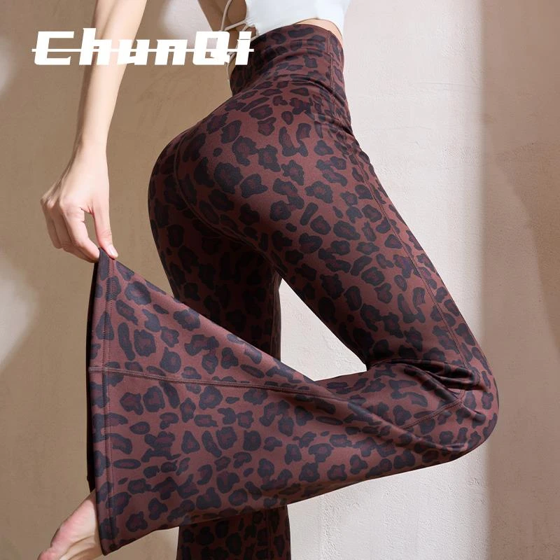 维多利亚欧美豹纹加绒保暖微喇叭阔腿瑜伽裤高腰提臀健身裤运动裤