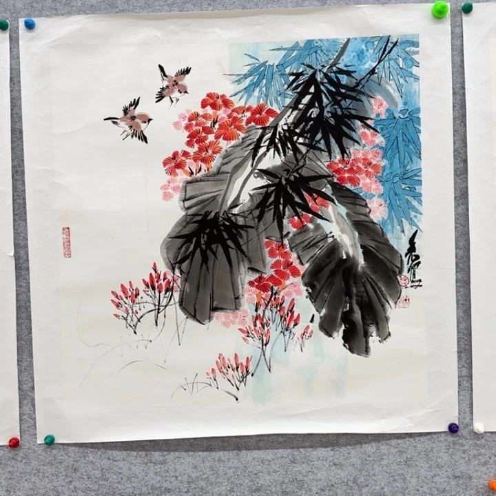 国画花鸟等多种鸟类的栖息