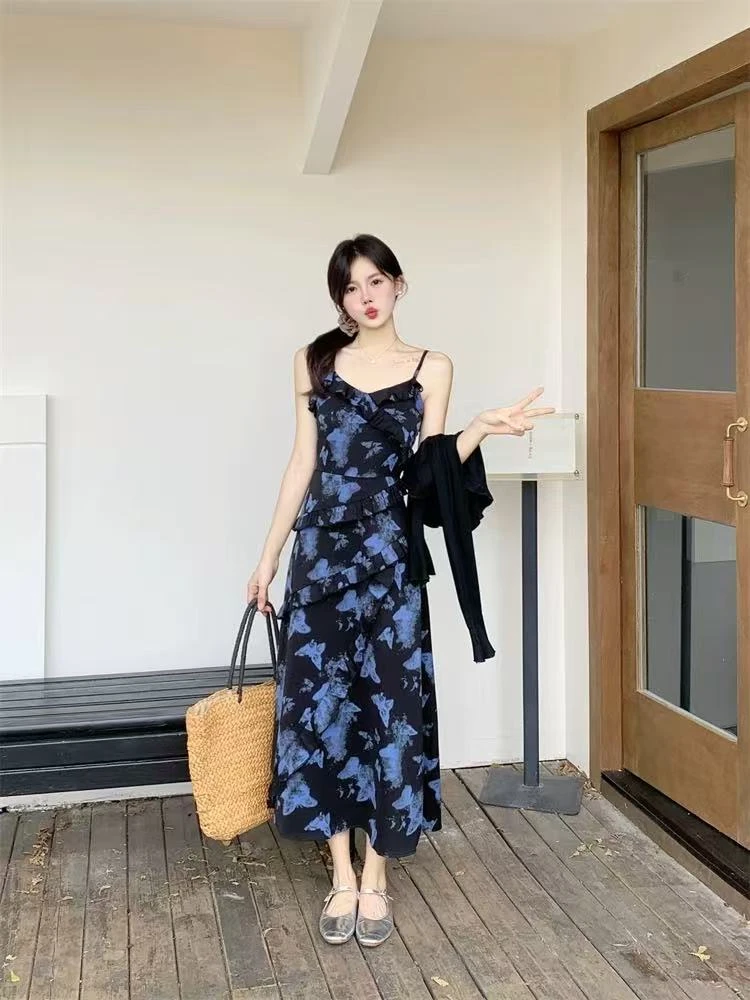 致爱丽丝-夏季法式印花蝴蝶碎花裙子收腰显瘦长裙-披肩连衣裙8553