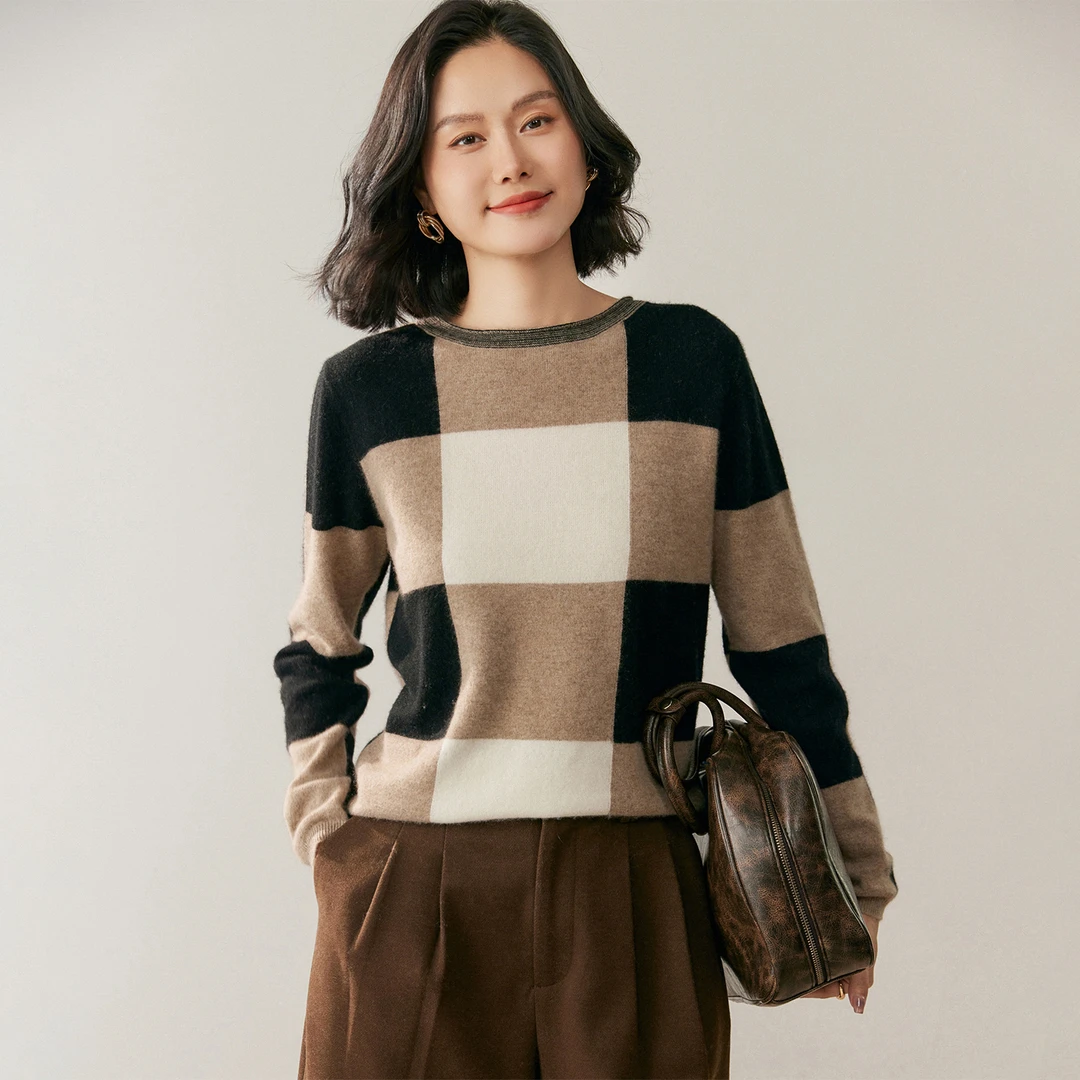 秋冬常规宽松型女士羊绒衫修身型撞色格子复古针织拼色百搭圆领