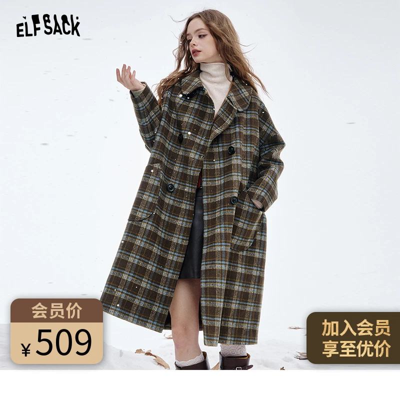 【商城同款】妖精的口袋格纹撞色娃娃领长款毛呢外套冬甜美呢大衣