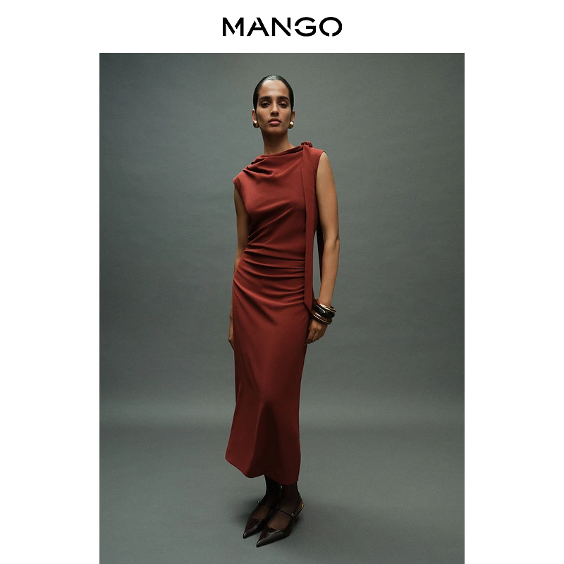 MANGO女装连衣裙2025秋装新款系带领无袖A字腰部抽褶优雅连衣裙