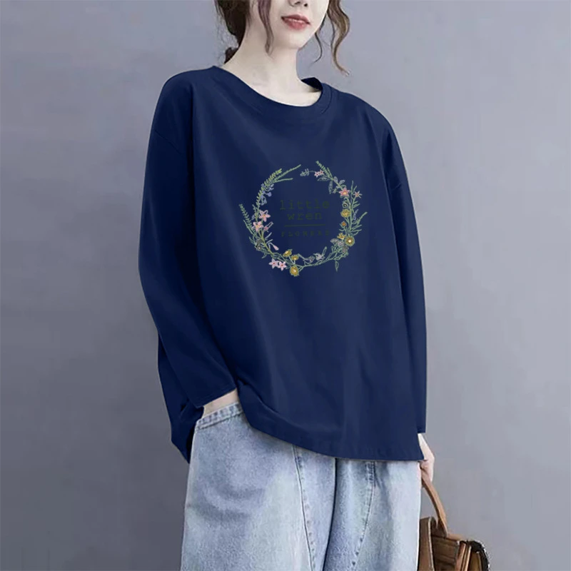 长袖t恤女早春2025新款简约国潮印花打底衫春秋300斤大码上衣