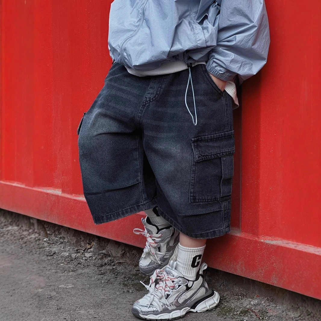 A.MU2025夏季新款儿童美式复古磨边工装牛仔短裤男童中裤五分裤潮