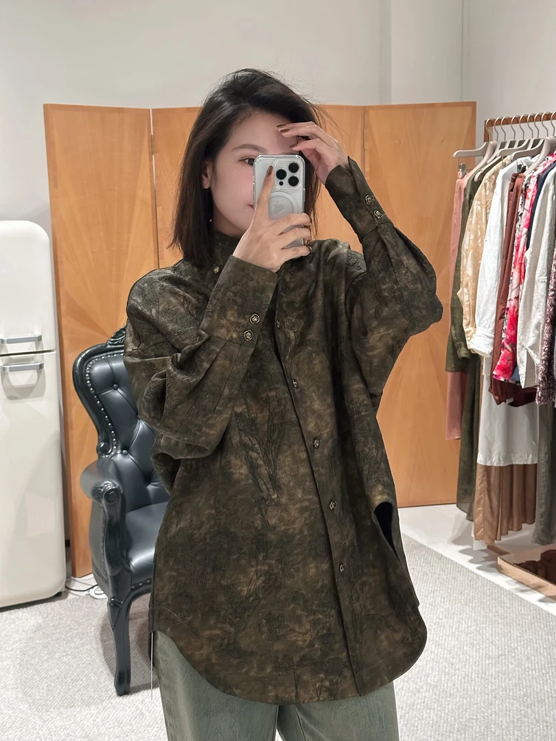 提花面料鎏金衬衫长袖复古小众宽松设计感