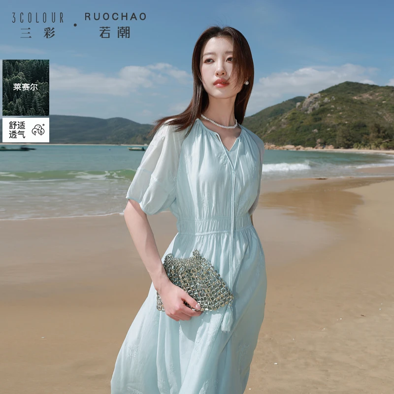 【莱赛尔连衣裙】大码女装2025夏季新款圆领收腰插肩袖绣花胖MM