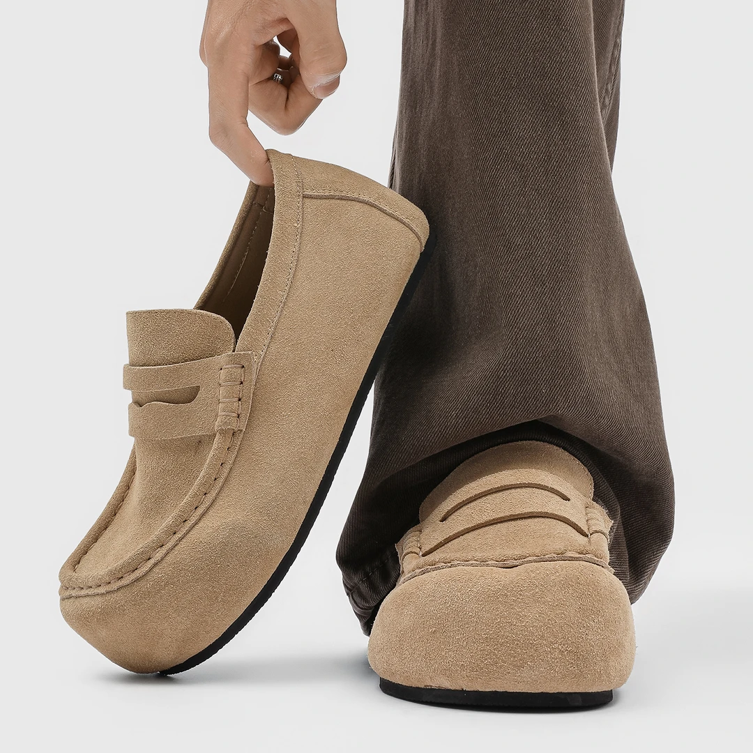 OUBOPOR老钱风反绒皮一脚蹬乐福鞋男英伦慵懒通勤皮鞋懒人勃肯鞋