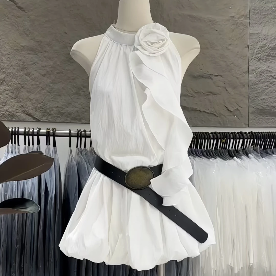 《3号链接》飘带挂脖连衣裙立体花朵修身收腰显瘦短裙