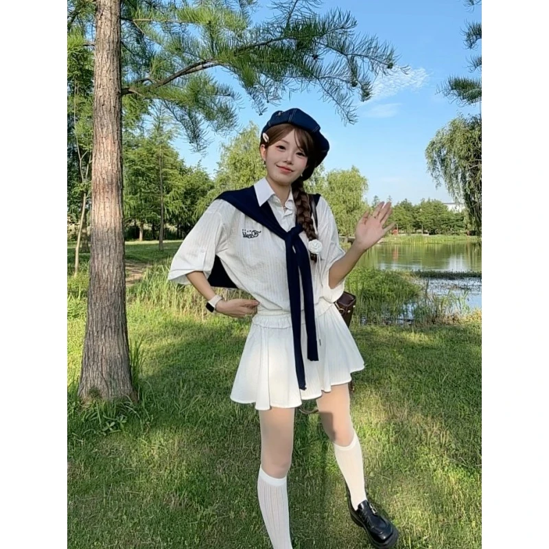 【小静专属】高级感新款2025夏韩系白色领衬衫上衣短裙子三件套女装