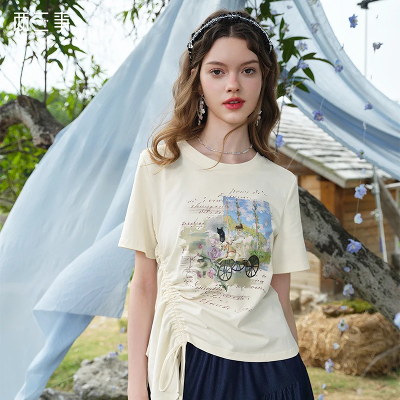 两三事苔丝日记 油画印花抽绳不对称短袖t恤S25CT243