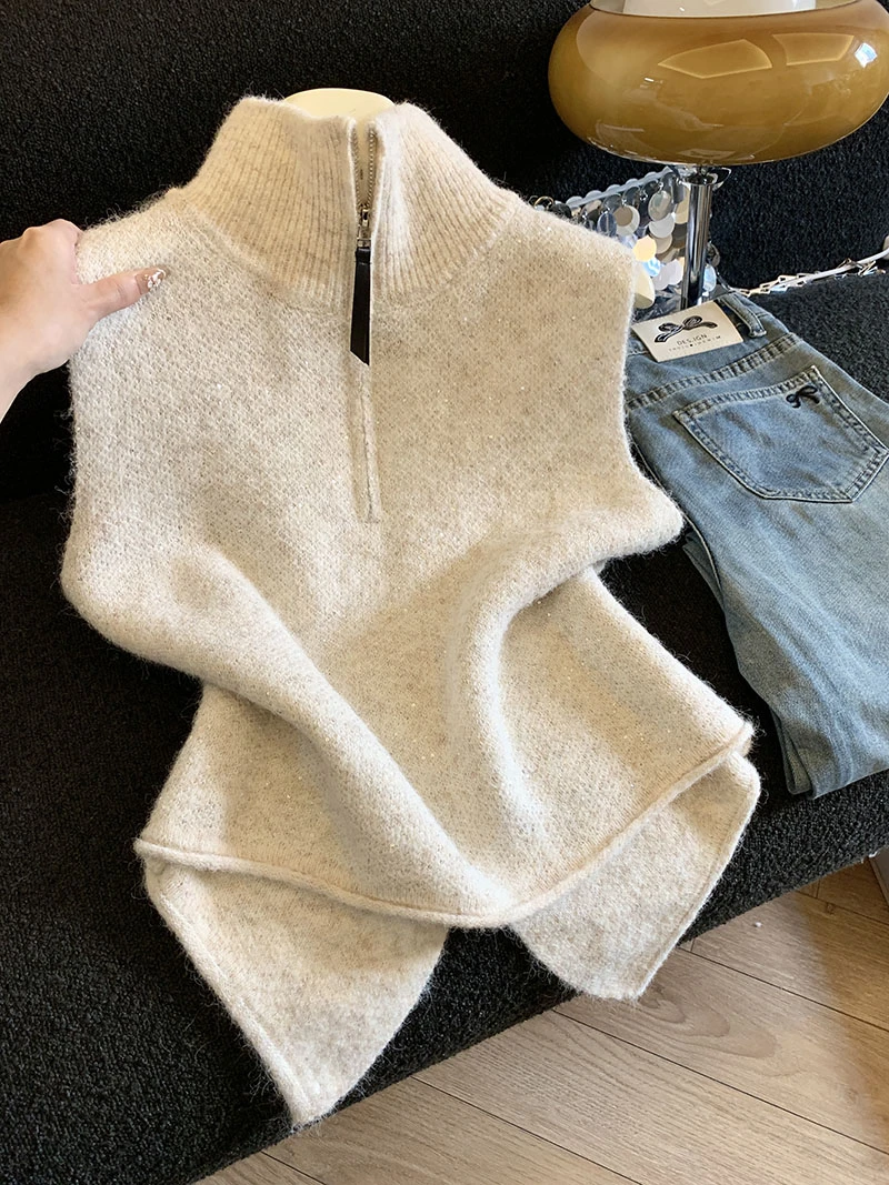 韩版高级感工艺亮片高领马甲背心女秋冬季新款叠穿半开领针织上衣