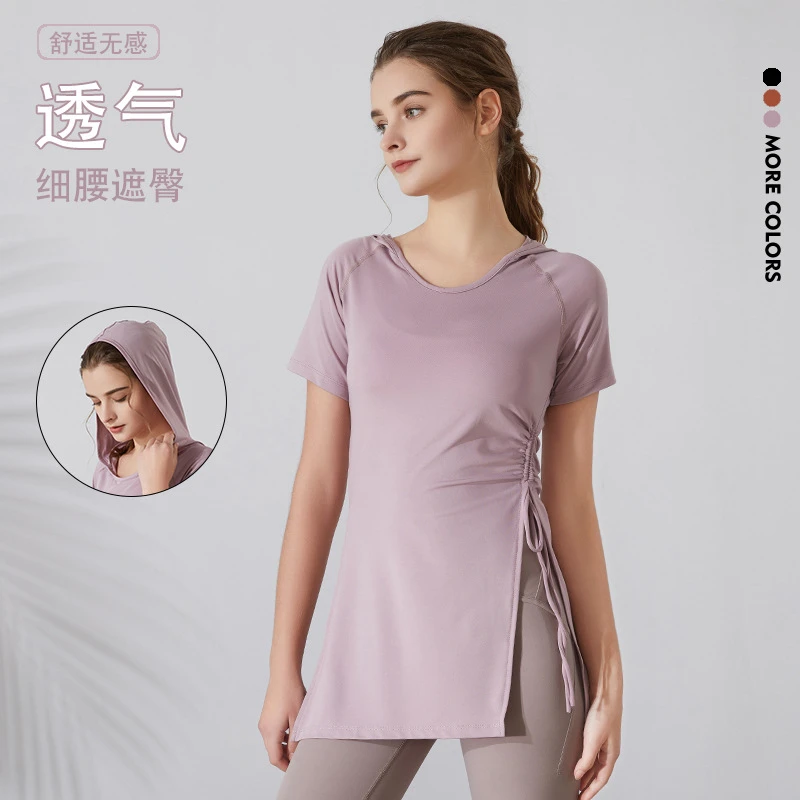 修身显瘦健身服女 连帽短袖运动T恤速干上衣大码长款遮臀瑜伽服女
