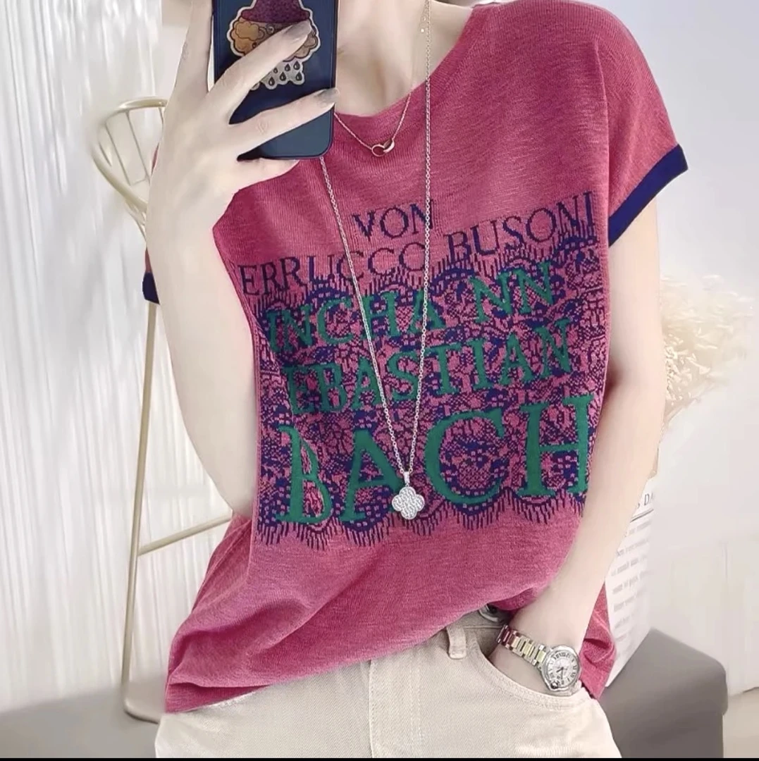 竹节麻薄款时尚字母提花圆领短袖1468（佳佳）