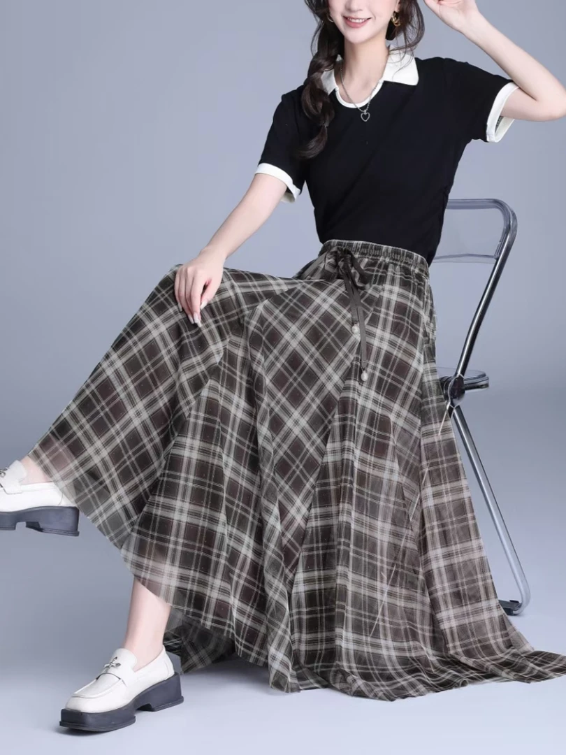 半身裙A字大摆拼接百搭显瘦系学院风日常时尚格子日系秋冬格裙